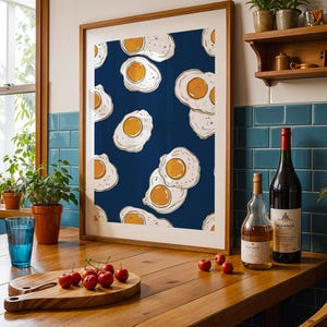 Egg Pattern Kitchen Wall Art, Fried Egg Poster, Breakfast Lover Print, Retro Food Illustration, Funny Kitchen Decor, Egg Print Poster