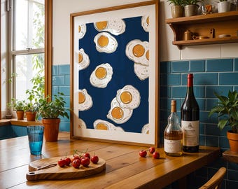 Egg Pattern Kitchen Wall Art, Fried Egg Poster, Breakfast Lover Print, Retro Food Illustration, Funny Kitchen Decor, Egg Print Poster