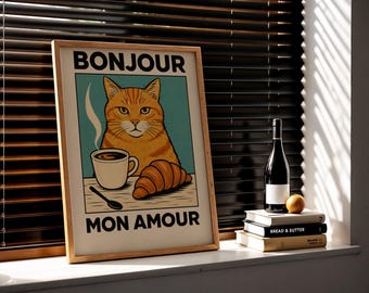 Bonjour Mon Amour Poster – Retro French Cat Print with Coffee and Croissant Aesthetic