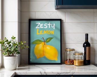 Zesty Lemon Print, Helle Küchenwandkunst, Buntes Obst Poster, Frische Zitrus Illustration, Moderner Digitaler Download
