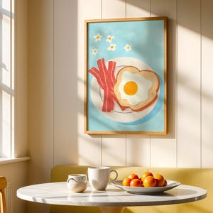 Konsttryck med frukosttallrik, söt affisch med äggtoast, nyckfull väggdekoration med mat, pastellfärgat kökskonstverk