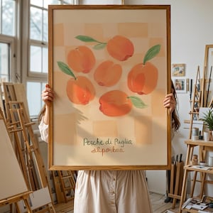 Peach Wall Art, Italian Fruit Poster, Puglia Peach Print, Retro Kitchen Decor, Summer Fruit Illustration, Mediterranean Art
