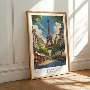 Paris France Poster, Eiffel Tower Street Print, French Café Wall Art, Romantic Travel Illustration