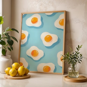 Modern Breakfast Egg Wall Art – Blue Background Sunny Side Up Retro Kitchen Poster