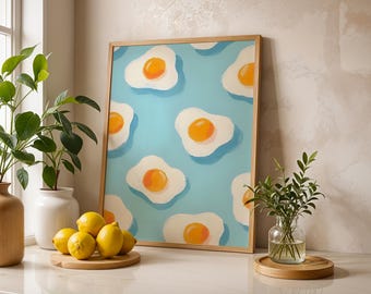 Modern Breakfast Egg Wall Art – Blue Background Sunny Side Up Retro Kitchen Poster