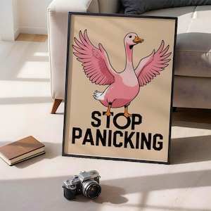 May include: Framed art print showing a pink goose with open wings on a beige backdrop. The words "STOP PANICKING" are in bold black text beneath the goose. A camera and a book are in the foreground.