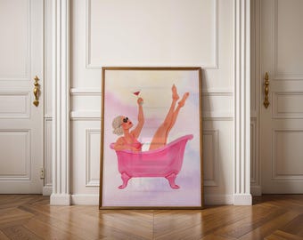 Retro Glam Bathtub Art Print – Pink Bathroom Poster with Woman, Bubbles and Cocktail Vibes