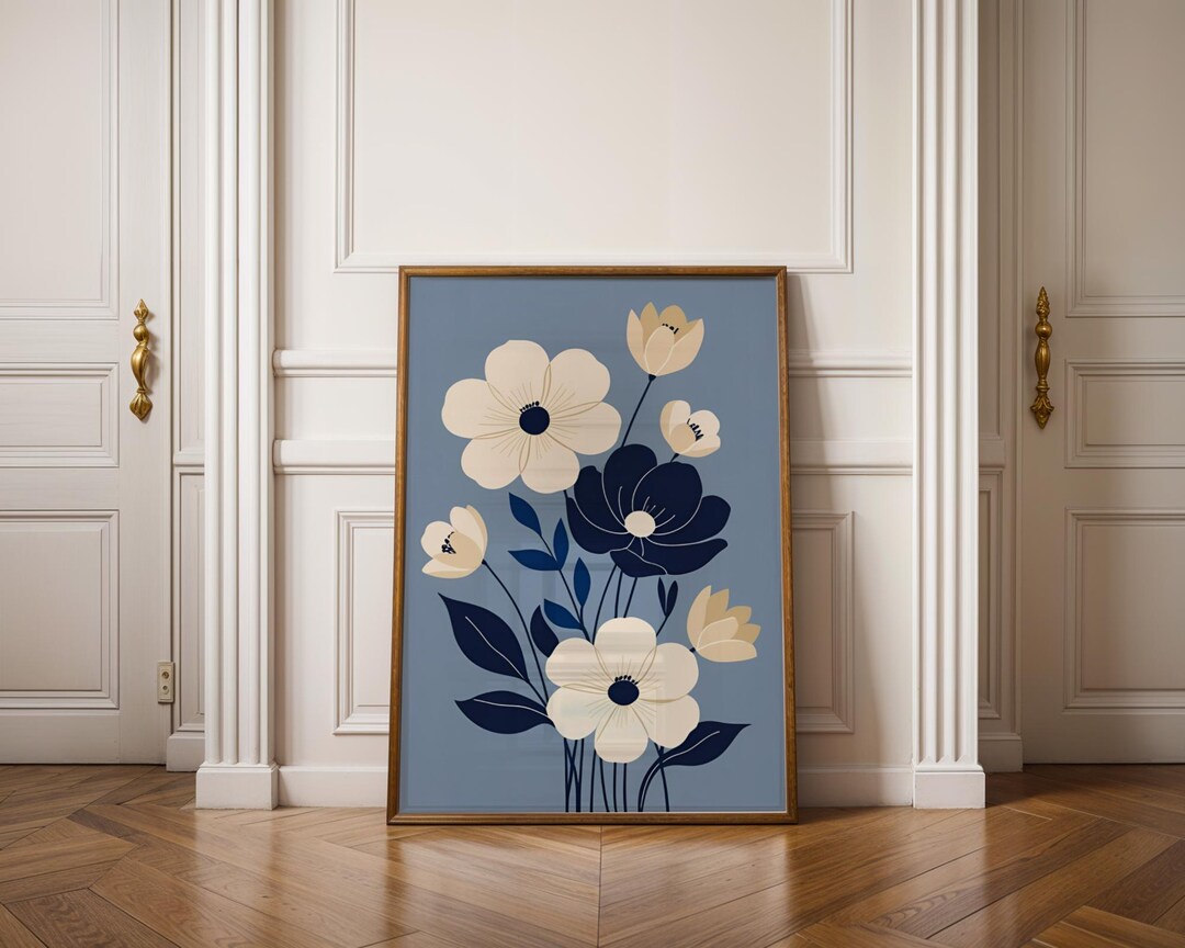Minimalist Navy and Cream Floral Wall Art – Modern Botanical Print on ...