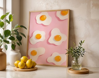 Retro Sunny Side Up Egg Print – Pink Background Pop Art Style Breakfast Kitchen Wall Art