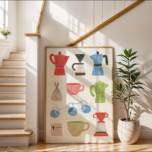 Puede incluir: Una impresión enmarcada con ilustraciones coloridas de artículos relacionados con el café. La obra de arte incluye una cafetera roja, una cafetera azul y varias tazas y dispositivos para preparar café. La impresión se exhibe en un pasillo luminoso con una escalera.
