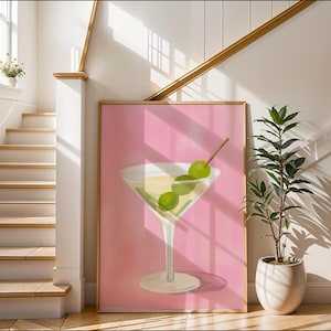 Rosa Martini-affisch, feminin barkonsttryck, väggdekoration med olivolja och cocktail, retro drinkillustration