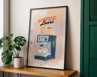 Coffee Lovers Poster, Pastel Espresso Machine Print, Cute Kitchen Wall Art, Barista Digital Decor, Morning Coffee Gift