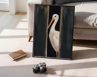 White Stork Digital Art Print – Minimalist Bird Illustration with Moody Contrast