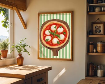 Margherita Pizza Wall Art Print | Italian Food Illustration Kitchen Decor | Mozzarella Basil Artwork | Pizza Lover Gift Poster
