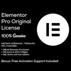 Op de afbeelding: Zwarte achtergrond met witte tekst en een wit cirkelvormig logo. De tekst luidt "Elementor Pro Original License 100% Genuine". Extra tekst omvat "Full Power of Elementor - Without the GPL/Crack Risks" en "Bonus: Free Activation Support Included!"