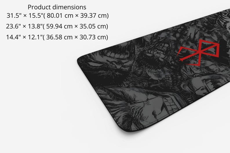 May include: A black and gray mousepad with a graphic print of a skull and a red symbol. The mousepad is available in three sizes: 31.5 inches by 15.5 inches, 23.6 inches by 13.8 inches, and 14.4 inches by 12.1 inches.