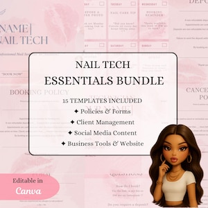 Peut inclure: Un ensemble de modèles numériques pour les techniciennes ongulaires. L'image centrale présente un rectangle blanc avec le texte "NAIL TECH ESSENTIALS BUNDLE" et répertorie 15 modèles, dont des politiques, la gestion de la clientèle et du contenu pour les médias sociaux. L'image est modifiable dans Canva.