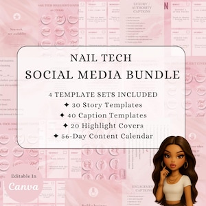 Ensemble de médias sociaux Nail Tech | Modèles d'histoires, légendes, faits saillants et calendrier (téléchargement numérique)