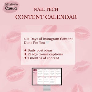 Op de afbeelding: Een roze digitale contentkalender voor nagelstylisten. De afbeelding bevat de tekst "NAIL TECH CONTENT CALENDAR" en "50+ Days of Instagram Content Done For You". Het bevat ook "Daily post ideas", "Ready-to-use captions" en "2 months of content".