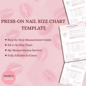 Modelo de tabela de tamanhos de unhas postiças | Guia de tamanhos editável no Canva (Download digital)