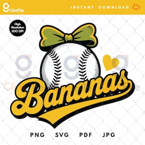 Bananas Coquette Bow Lovers Baseball PNG SVG, Funny Bananas Lovers Baseball SVG, Funny Bananas Png, Funny Banana Playing Baseball Png