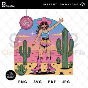 Disco Desert Cowgirl SVG PNG, Retro Western Roller Skate Png, Cute Western Sunset Png, Western Cowgirl Roller Png, Pink Disco Cowgirl Png