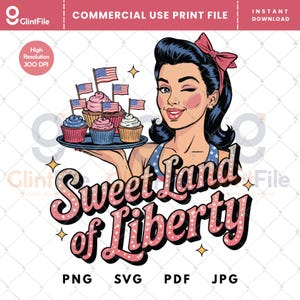 Sweet Land of Liberty Png, Vintage 4th of July Png, USA Independence Day Png, Cupcake Girl Clipart for 4th of July, Freedom Usa Png