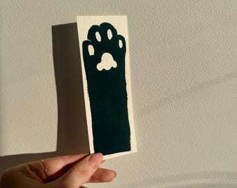 Hand Printed Cat Paw Bookmark: Lino Print