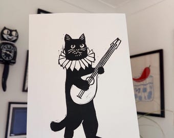 Bard Kitty - Hand Printed Lino Print, A4