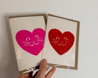 Cat Heart Hand Printed Card