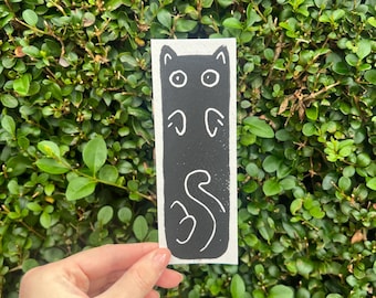 Hand Printed Cat Bookmark: Lino Print