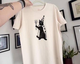 Hand-Printed Organic T-Shirt - Meowlin (Lino Print)