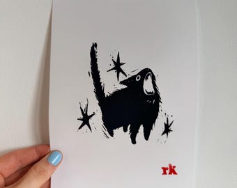Tiny Cat Big Scream - Lino Print