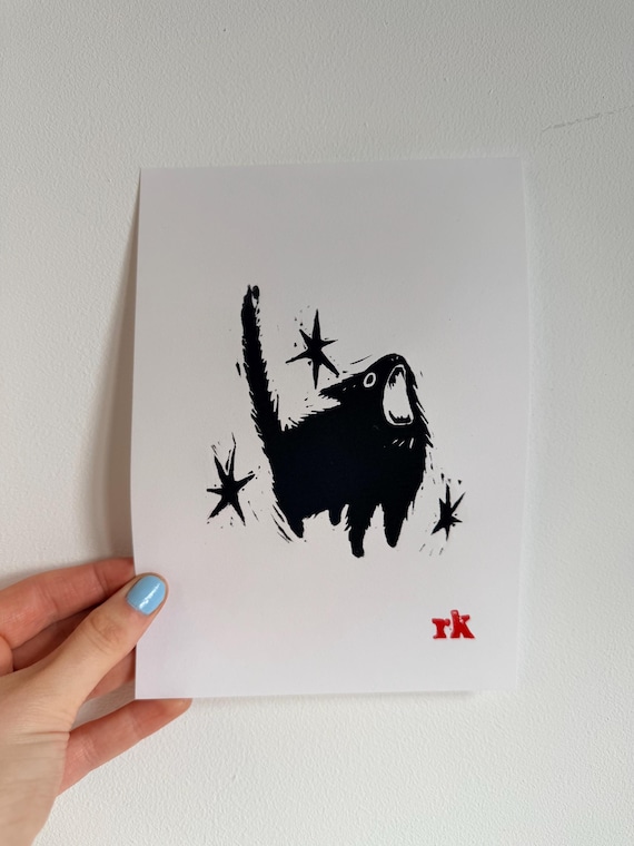 Tiny Cat Big Scream - Lino Print