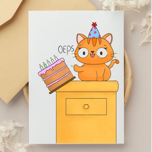 Tarjeta de cumpleaños divertida con un lindo gato derribando un pastel de cumpleaños. Ideal para amantes de los gatos y los animales. Tarjeta de felicitación humorística.