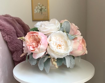Blushing Peony Compote/ Pink & Cream Faux Floral Arrangement/ Romantic Cottagecore Centerpiece/ Handmade Floral Decor by Joie Florals