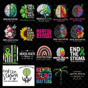 Puede incluir: Una colección de diseños gráficos sobre un fondo negro, que promueven la concienciación sobre la salud mental. Los diseños presentan cerebros, cintas, flores y texto como "End the Stigma" y "Mental Health Matters". Los colores incluyen verde, rosa, amarillo y arcoíris.