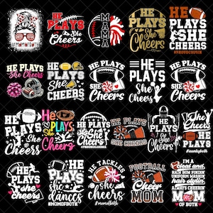 Puede incluir: Una colección de diseños gráficos en blanco y negro con textos relacionados con el fútbol americano y el cheerleading. Los diseños incluyen balones de fútbol, cascos, megáfonos y frases como "He Plays She Cheers" y "Cheer Mom."
