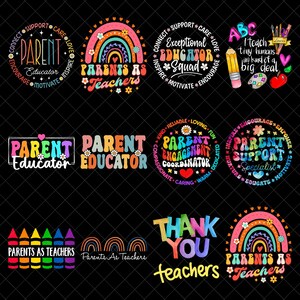 Puede incluir: Una colección de diseños gráficos coloridos con texto relacionado con la educación y el agradecimiento a los profesores. Los diseños incluyen arcoíris, lápices y las frases "Parent Educator", "Parents as Teachers" y "Thank You Teachers."