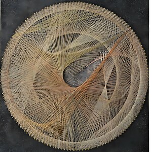 May include: A circular string art piece with a geometric design. The artwork features concentric circles and radial lines created with beige, tan, and gold threads on a dark background. The threads are meticulously arranged around small nails.