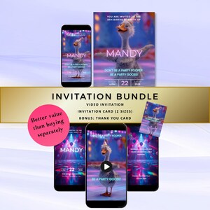 Op de afbeelding: Verjaardagsuitnodigingsbundel met een feestthema. Bevat een video-uitnodiging, uitnodigingskaarten en een bedankkaart. Het ontwerp toont een cartoon gans met de naam "Mandy" en feestdetails.