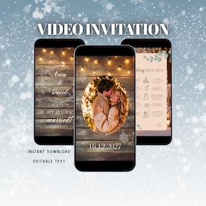 Winter Wedding Video Invitation, Rustic Wood String Lights, Save the Date, Photo & RSVP, Editable Canva, Instant Download, Digital MP4