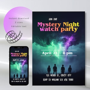 Mystery Night Watch Party Invitation, Spooky Watch Party Invite, Editable Canva Template, Halloween Party, Instant Download, 5x7 & Digital