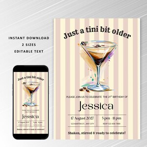 Tini Bit Older Birthday Invitation, Espresso Martini Birthday Invite, Editable Age, Pink Stripe, Customizable Canva, Instant Download