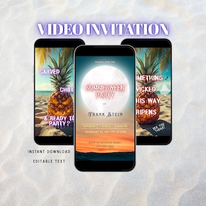 May include: Three smartphones display a digital video invitation for a Summerween party. The screens feature a carved pineapple jack-o'-lantern on a beach, a full moon, and text including Summerween Party of Frank Stein, date, time, and RSVP details.