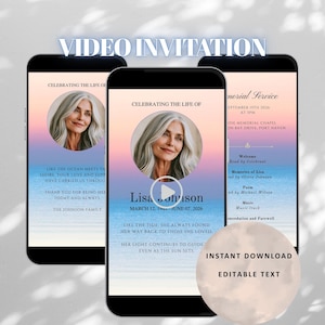 Op de afbeelding: Drie smartphones tonen een digitale herdenkingsvideo-uitnodiging met een zonsondergang oceaanverloop als achtergrond. De schermen bevatten een cirkelvormig portret, de tekst Lisa Johnson, data en details. Een ronde badge toont INSTANT DOWNLOAD EDITABLE TEXT.