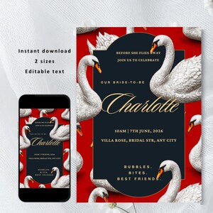 Op de afbeelding: Een uitnodiging voor een bruidsdouche met een rode achtergrond en witte zwanen. De uitnodiging bevat de tekst "Before She Flies Away, Join Us To Celebrate" en "Charlotte". De uitnodiging is beschikbaar in twee formaten en is direct te downloaden met bewerkbare tekst.