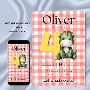 Op de afbeelding: Een verjaardagsuitnodiging met een rood-witte geruite achtergrond. De uitnodiging toont de naam "Oliver" en het cijfer "4" in geel. Er is ook een groene drakenillustratie. De uitnodiging bevat de datum, tijd en adres.