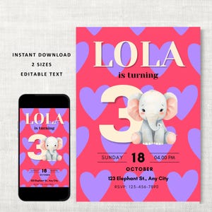 Op de afbeelding: Een verjaardagsuitnodiging met een roze achtergrond en paarse harten. De uitnodiging luidt "LOLA wordt 3" met een olifantenillustratie. De datum en tijd zijn inbegrepen, evenals het adres en RSVP-informatie.