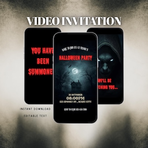 Op de afbeelding: Drie smartphones met een digitale uitnodiging voor een Halloweenfeest. De schermen tonen donkere, griezelige beelden waaronder een spookhuis, een volle maan, vleermuizen en een figuur met een kap en lichtgevende ogen. Rode tekst: YOU HAVE BEEN SUMMONED.